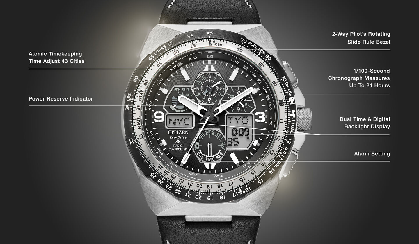 Watch diagram showing features of Men's Promaster Skyhawk A-T model JY8149-05E
