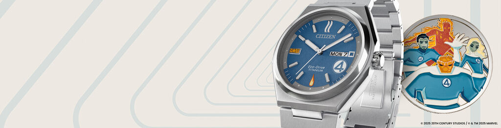 Citizen | Marvel featuring an image of The Fantastic 4: First Steps watch model AW0131-66W and coin.