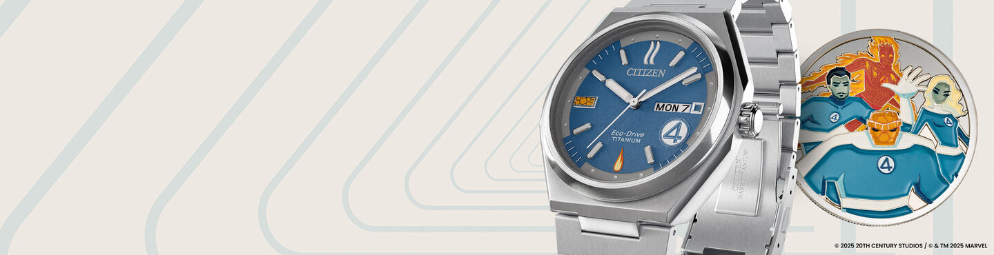 Citizen | Marvel featuring an image of The Fantastic 4: First Steps watch model AW0131-66W and coin.