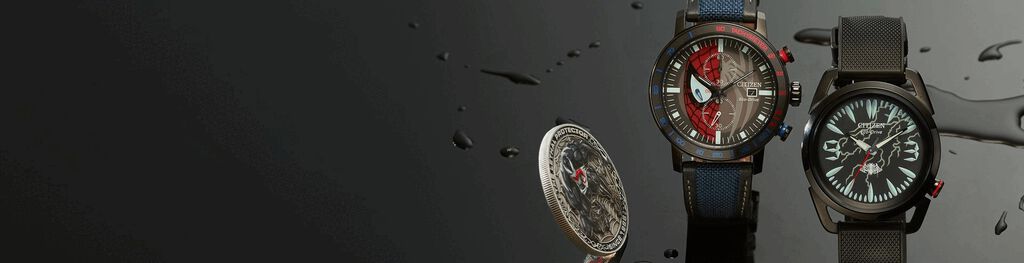 Citizen | Marvel Spider-Man Double Vision watch CA0855-47W and Venom "Lethal Protector" watch AW2065-41W GIF showing the watches lume