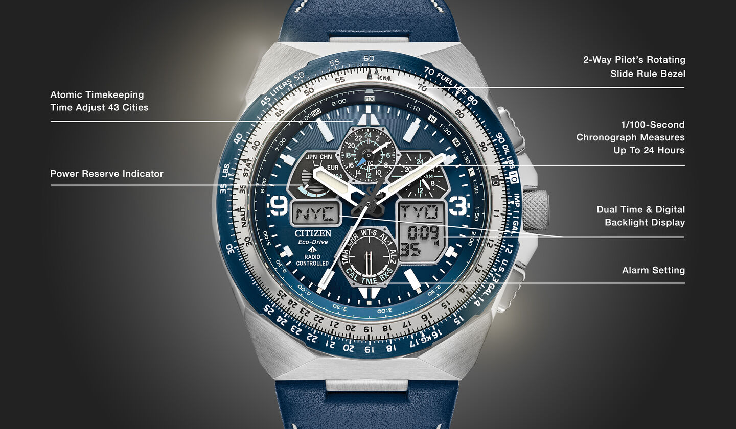 Watch diagram showing features of Men's Promaster Skyhawk A-T model JY8148-08L