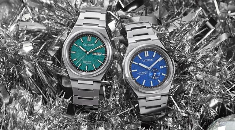 Zenshin Watches; Featuring an image of two Zenshin watch models AW0130-85X and NJ0180-80L on a silver holiday tinsel background