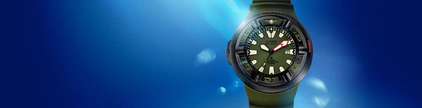 Citizen Promaster Dive/Sea watches. Featuring the Promaster Dive "Ecozilla" model image (BJ8057-09X).