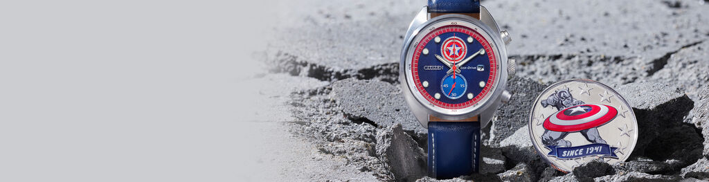 Image of Captain America 85th Anniversary set watch model CA7046-46W on a split cement background