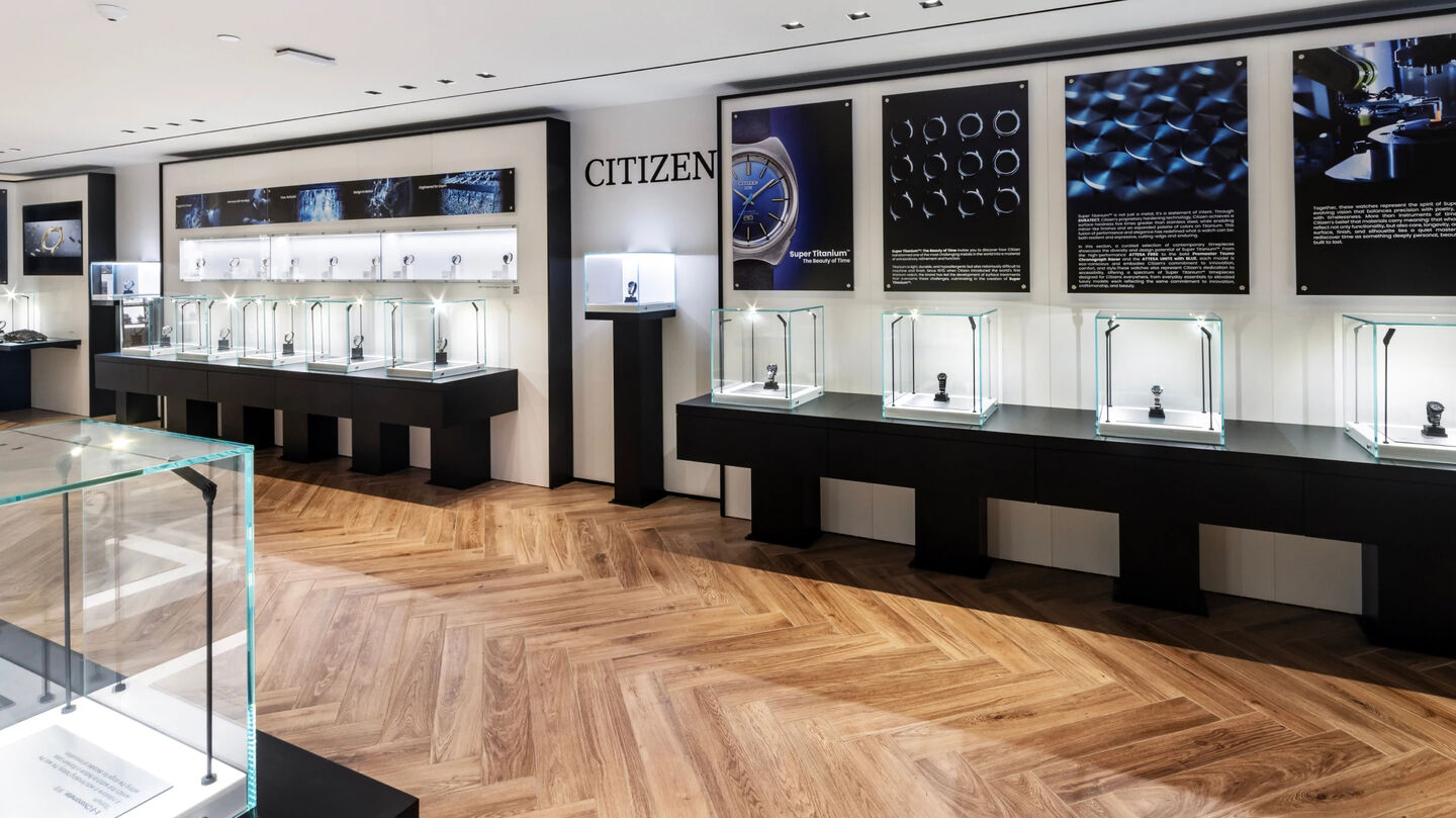 Image of the Citizen U.S. Museum space. Including watch cases for Super Titanium™: The Beauty of Time