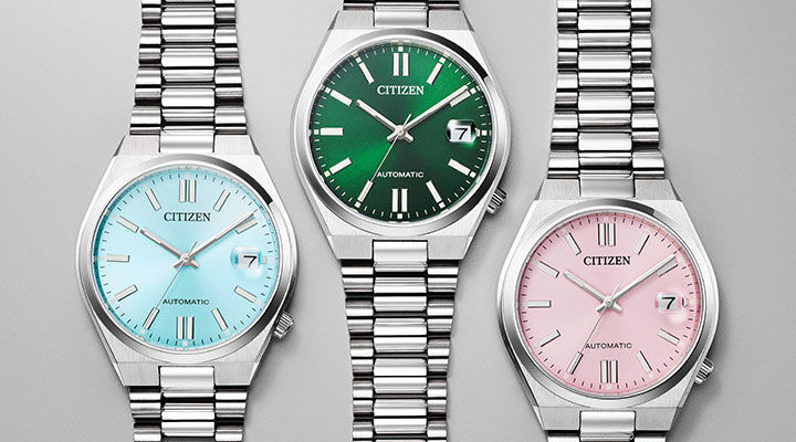 Colorful Watches; Image of TSUYOSA 37mm watch models NJ0200-50L, NJ0200-50X and NJ0200-50Z on a gray background