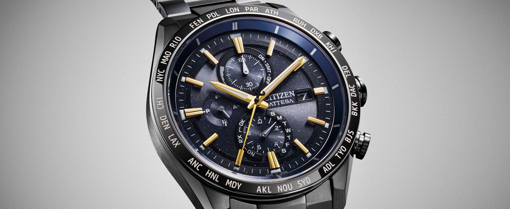 ATTESA watches; Featuring a detail image of the face of the ATTESA JAXA watch model AT8289-67E