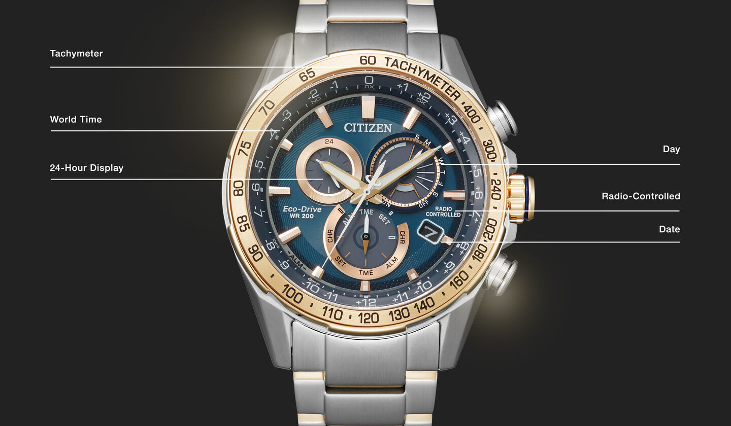 Watch diagram showing features of Men's PCAT model CB5916-59L