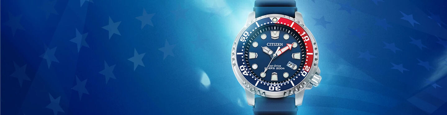 4th of July red, white and blue banner featuring Promaster Dive watch model BN0168-06L