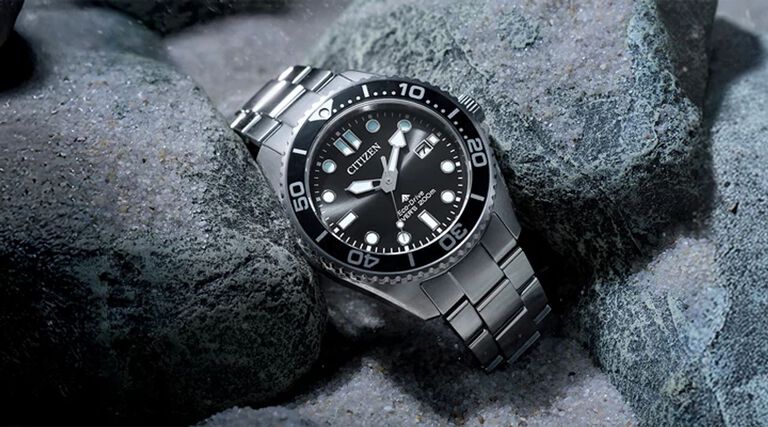 Men's Eco-Drive watches, featuring Promaster Dive watch on a rock backround