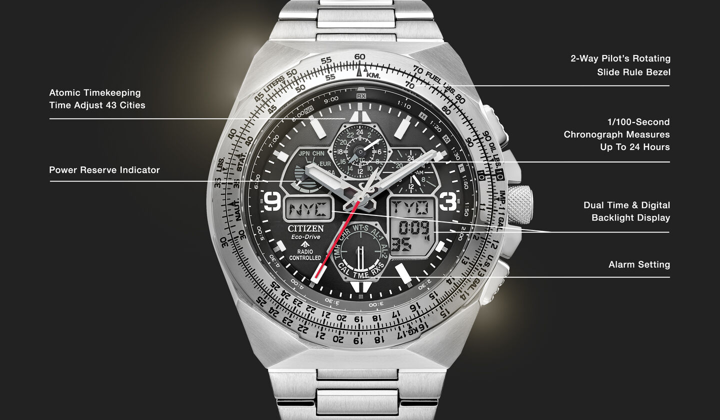 Watch diagram showing features of Men's Promaster Skyhawk A-T model JY8120-58E