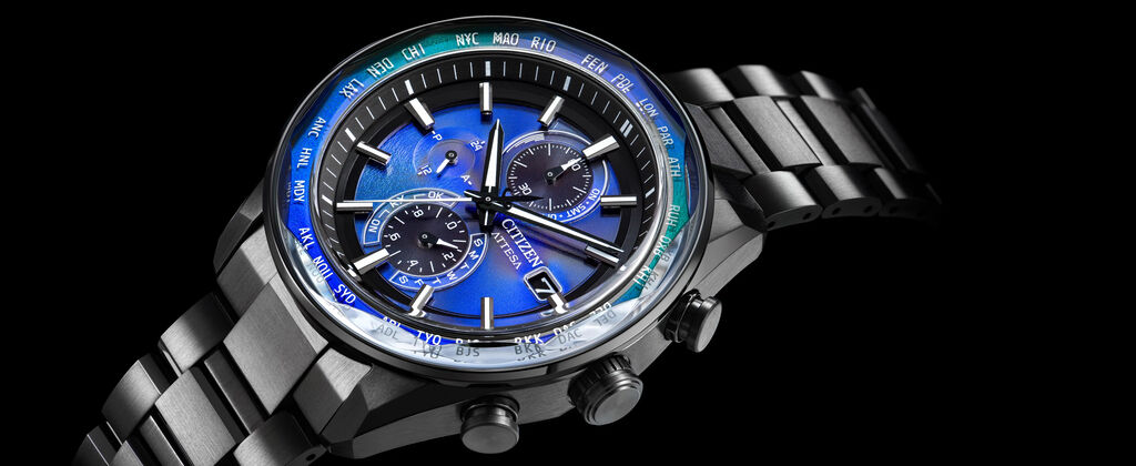 ATTESA watches; Featuring a detail image of the face of the ATTESA watch model AT8314-53L