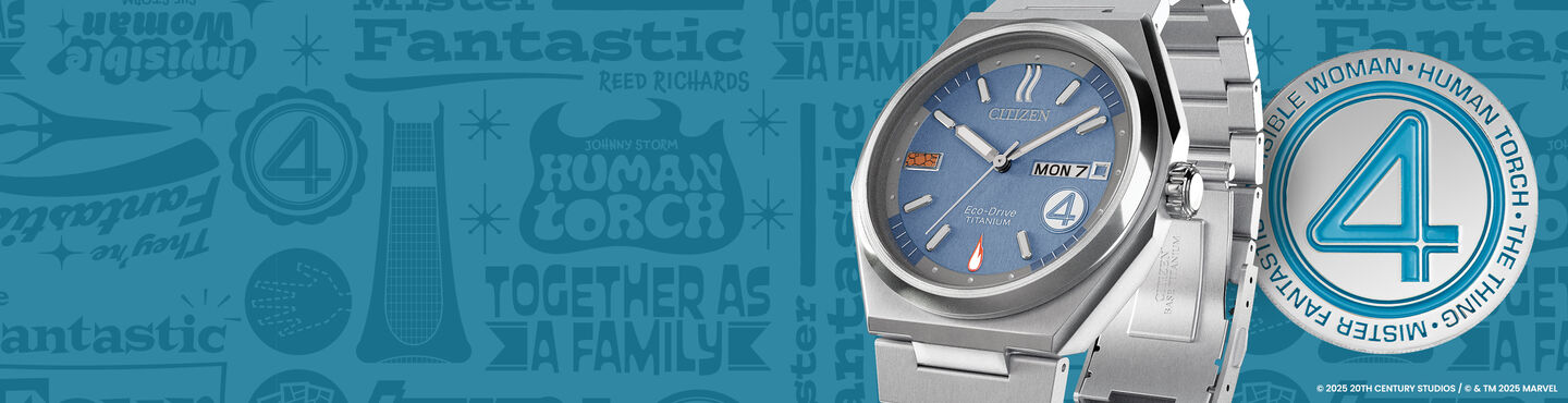 Citizen | Marvel featuring an image of The Fantastic 4: First Steps watch model AW0131-66W and coin.