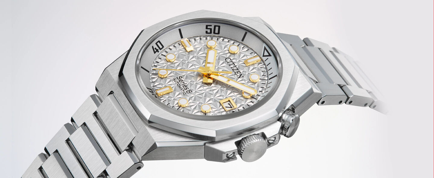 Series8 Watches; Featuring an image showing the details of the watch face of Series8 890 City Lights watch model NB6060-58H