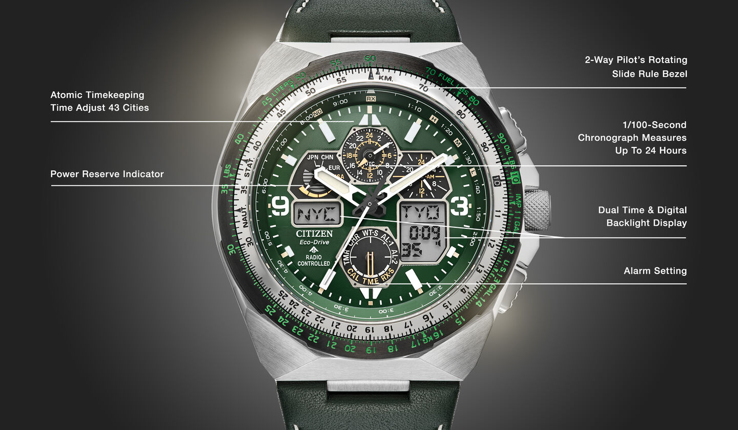 Watch diagram showing features of Men's Promaster Skyhawk A-T model JY8147-01X