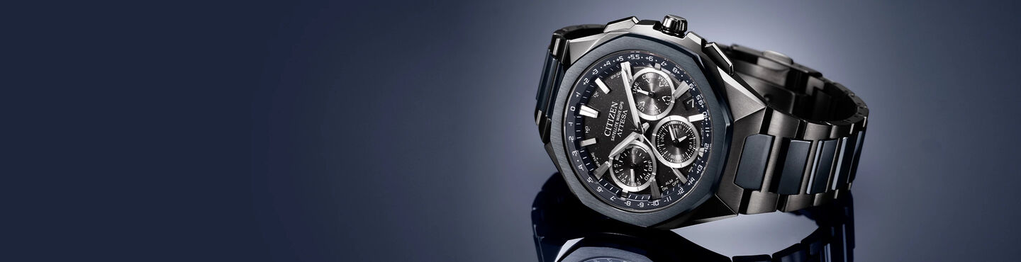 New Arrivals, featuring ATTESA watch model CC4106-74E on a reflective navy background