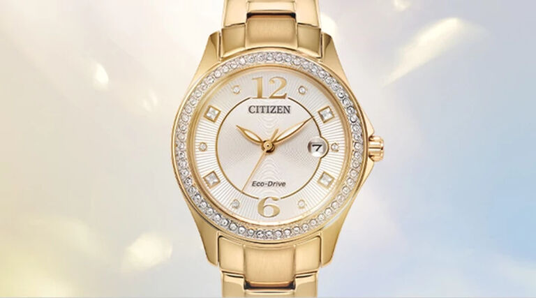 Shop all Women's Eco-Drive watches. Banner image featuring model FE1147-79P.