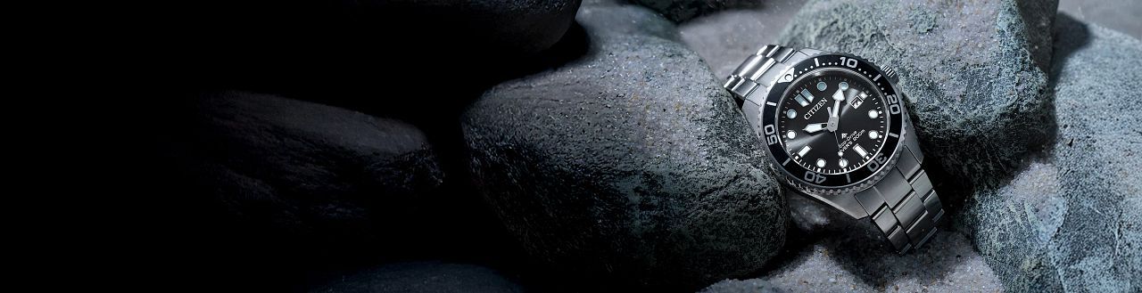 Men's Eco-Drive watches, featuring Promaster Dive watch on a rock backround