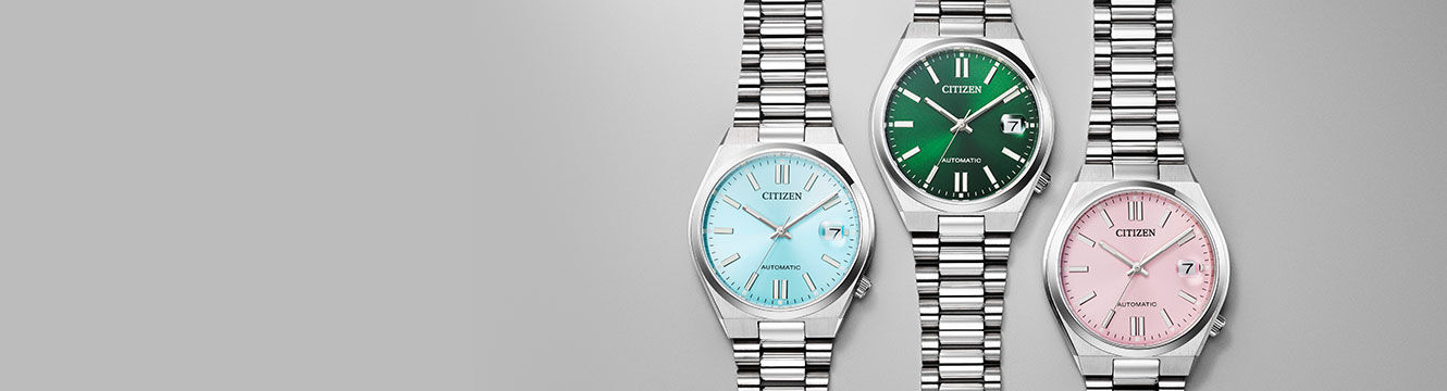 Colorful Watches; Image of TSUYOSA 37mm watch models NJ0200-50L, NJ0200-50X and NJ0200-50Z on a gray background