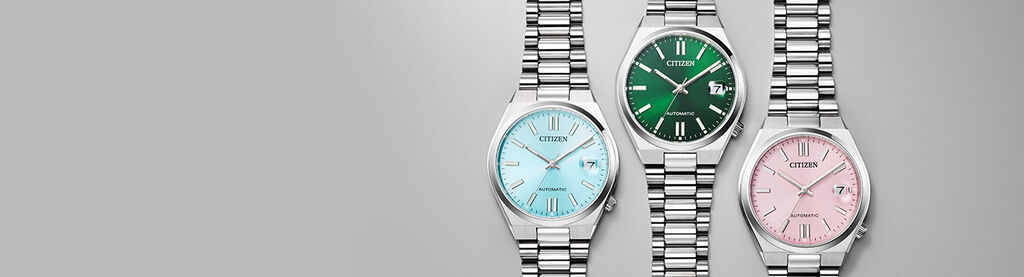 Colorful Watches; Image of TSUYOSA 37mm watch models NJ0200-50L, NJ0200-50X and NJ0200-50Z on a gray background
