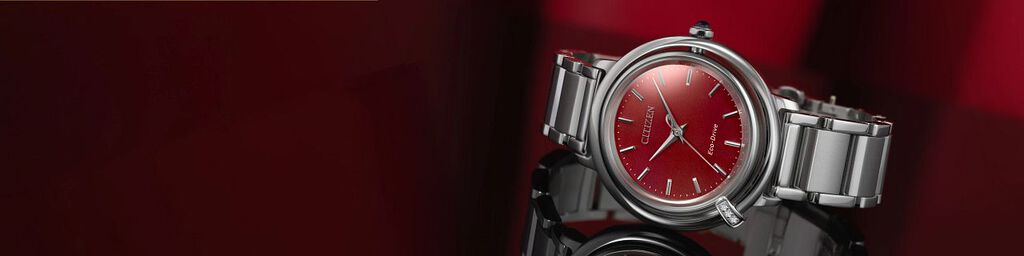 Image of Citizen L Arcly watch model EM1091-67X on a red background