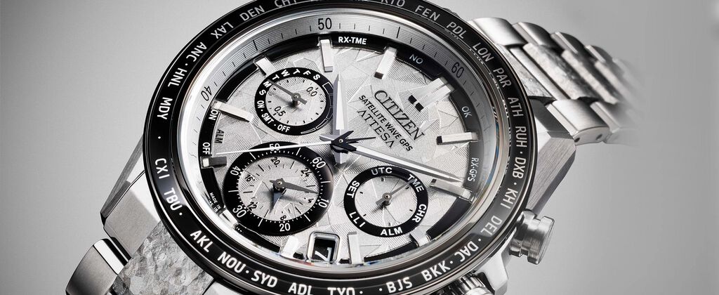 ATTESA watches; Featuring a detail image of the face of the ATTESA Platinum Shine watch model CC4076-65A