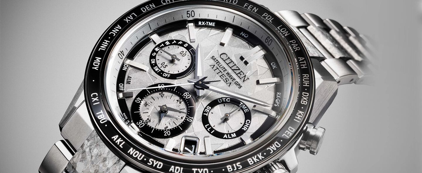 ATTESA watches; Featuring a detail image of the face of the ATTESA Platinum Shine watch model CC4076-65A