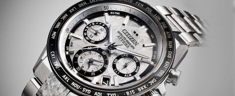 ATTESA watches; Featuring a detail image of the face of the ATTESA Platinum Shine watch model CC4076-65A