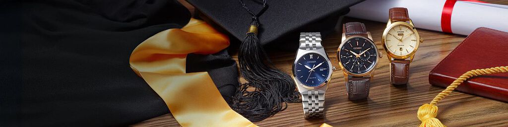 Graduation Watch Gifts; Featuring three Rolan and Corso watch models AW0092-07Q, BU2013-08E and BM7330-59L with a graduation cap, gown and diploma in the background