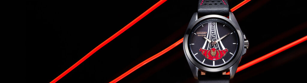 Citizen | Marvel featuring an image of Stark, Kinda Sorta Famous watch model AW2095-41W on a black background with red accents