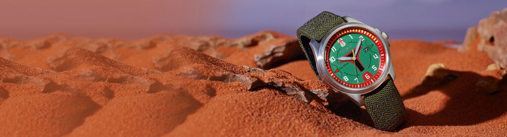 Image of a Boba Fett watch model AW1418-06W on a orange sandy background