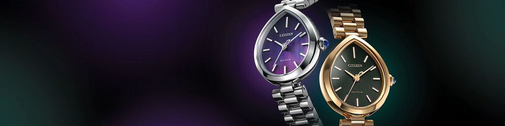 Women's New Arrival Watches; Image of two Citizen L Rainell watches EM1200-55X and EM1203-57X on a dark purple and green background