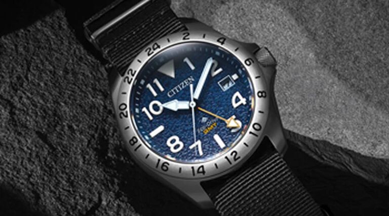 Promaster Land watches, featuring Promaster Land GMT watch model BJ7150-09L on a rock background