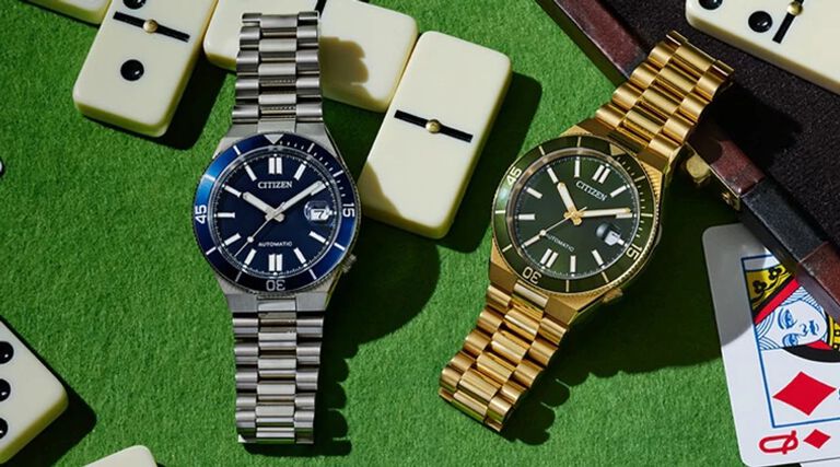 Father's Day Gift Guide; Featuring an image of TSUYOSA Shore watch models NJ0230-59L and NJ0232-53X on a poker table.