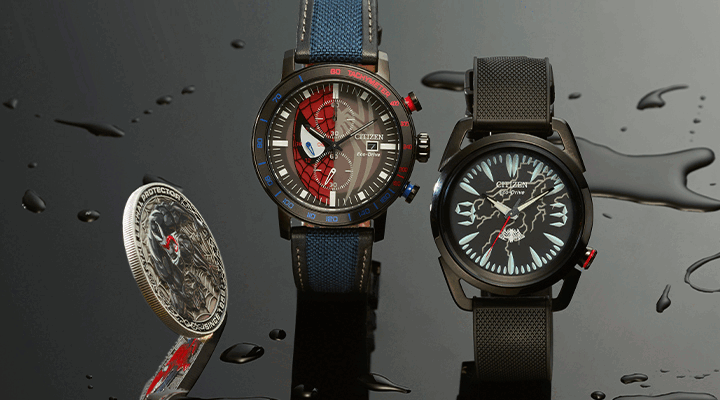 Citizen | Marvel Spider-Man Double Vision watch CA0855-47W and Venom "Lethal Protector" watch AW2065-41W GIF showing the watches lume