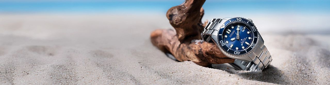 Men's Watches; Featuring an image of Promaster Dive watch model BN0260-54L on a sand background