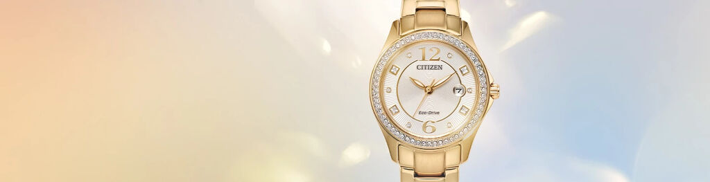 Shop all Women's Eco-Drive watches. Banner image featuring model FE1147-79P.