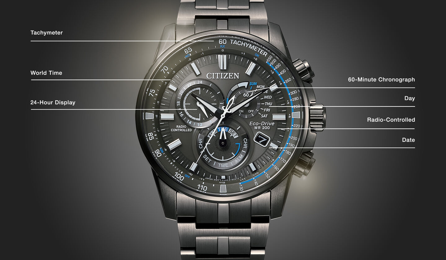 Watch diagram showing features of Men's PCAT model CB5887-55H