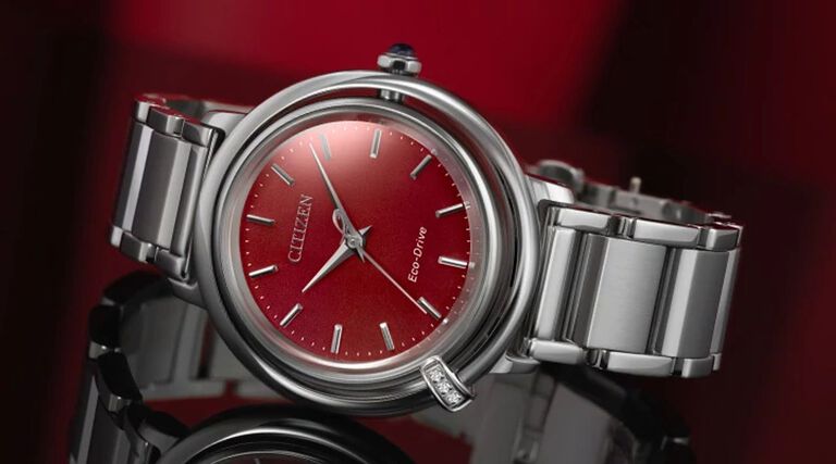 Image of Citizen L Arcly watch model EM1091-67X on a red background