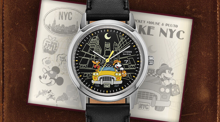 Disney Watches; Featuring Mickey Mouse & Pluto Take NYC watch model AW1860-01W on a leather background