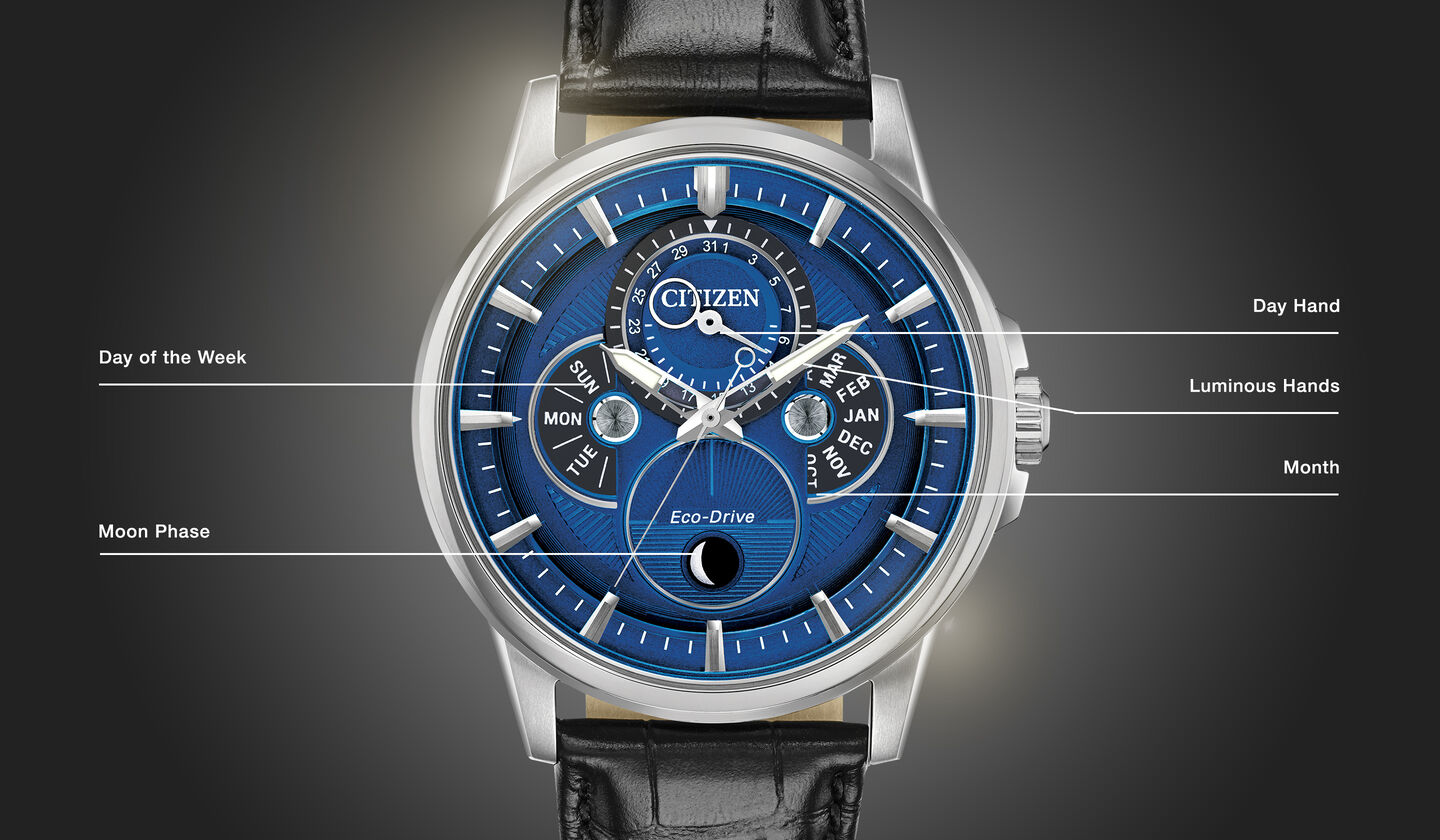 Watch diagram showing features of Men's Calendrier model BU0050-02L