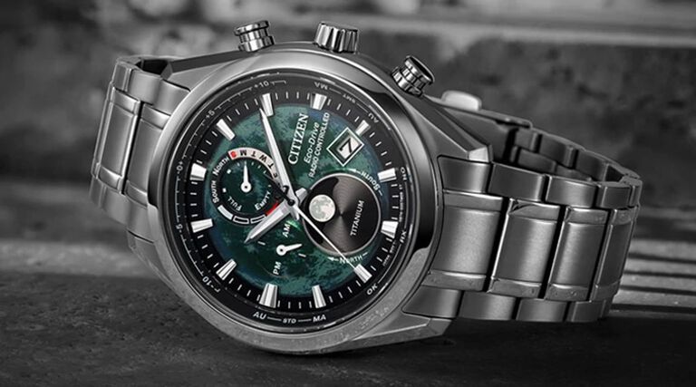 Green Dial Watches; Featuring an image of Tsuki-yomi A-T watch model BY1010-57X on a gray rock background