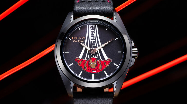 Citizen | Marvel featuring an image of Stark, Kinda Sorta Famous watch model AW2095-41W on a black background with red accents